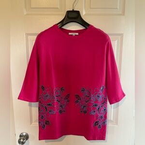 Carven Pink three-quarter Sleeve Tee with Blue Floral Design